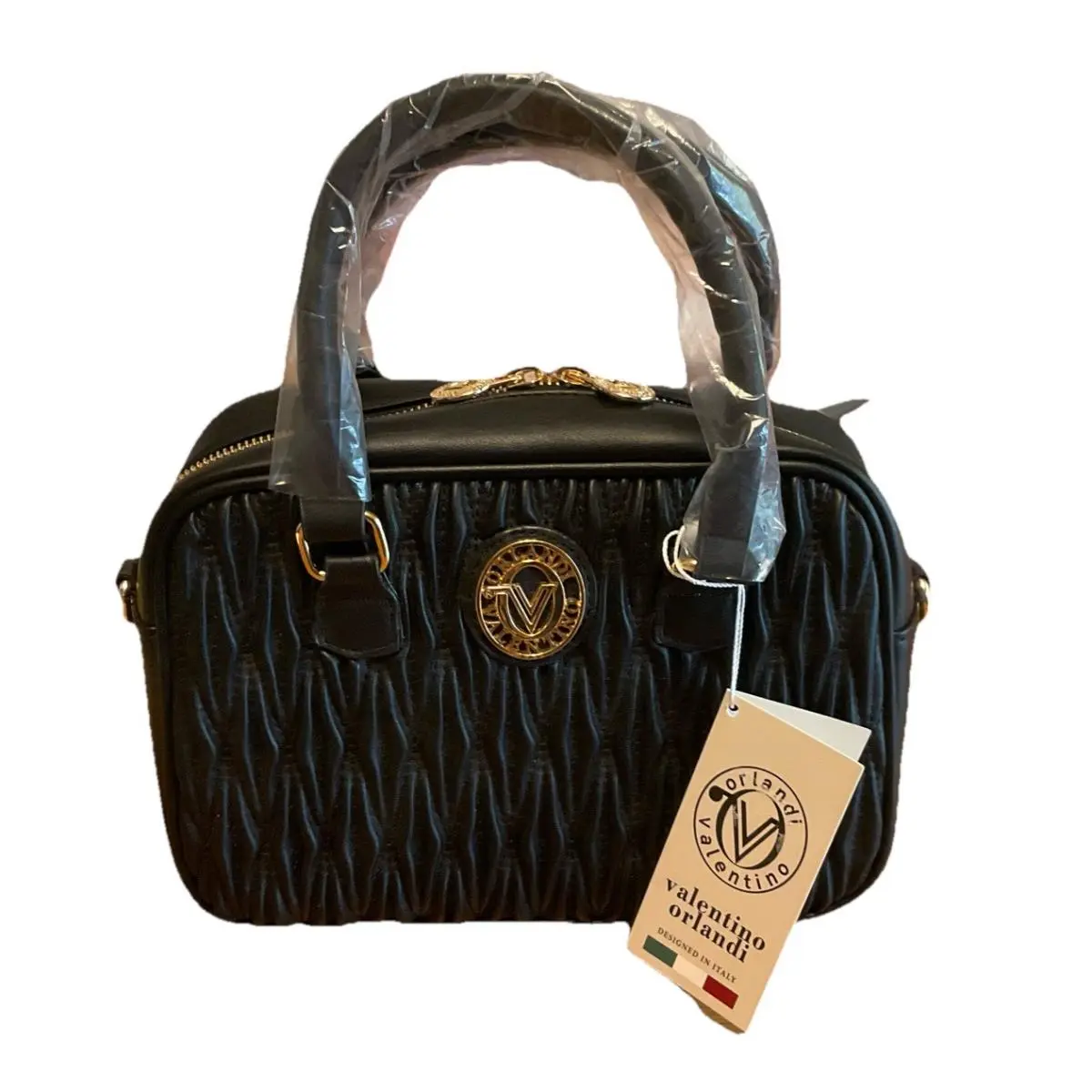 Valentino Orlandi East West Black Quilted Leather Zip Crossbody Handbag Satchel