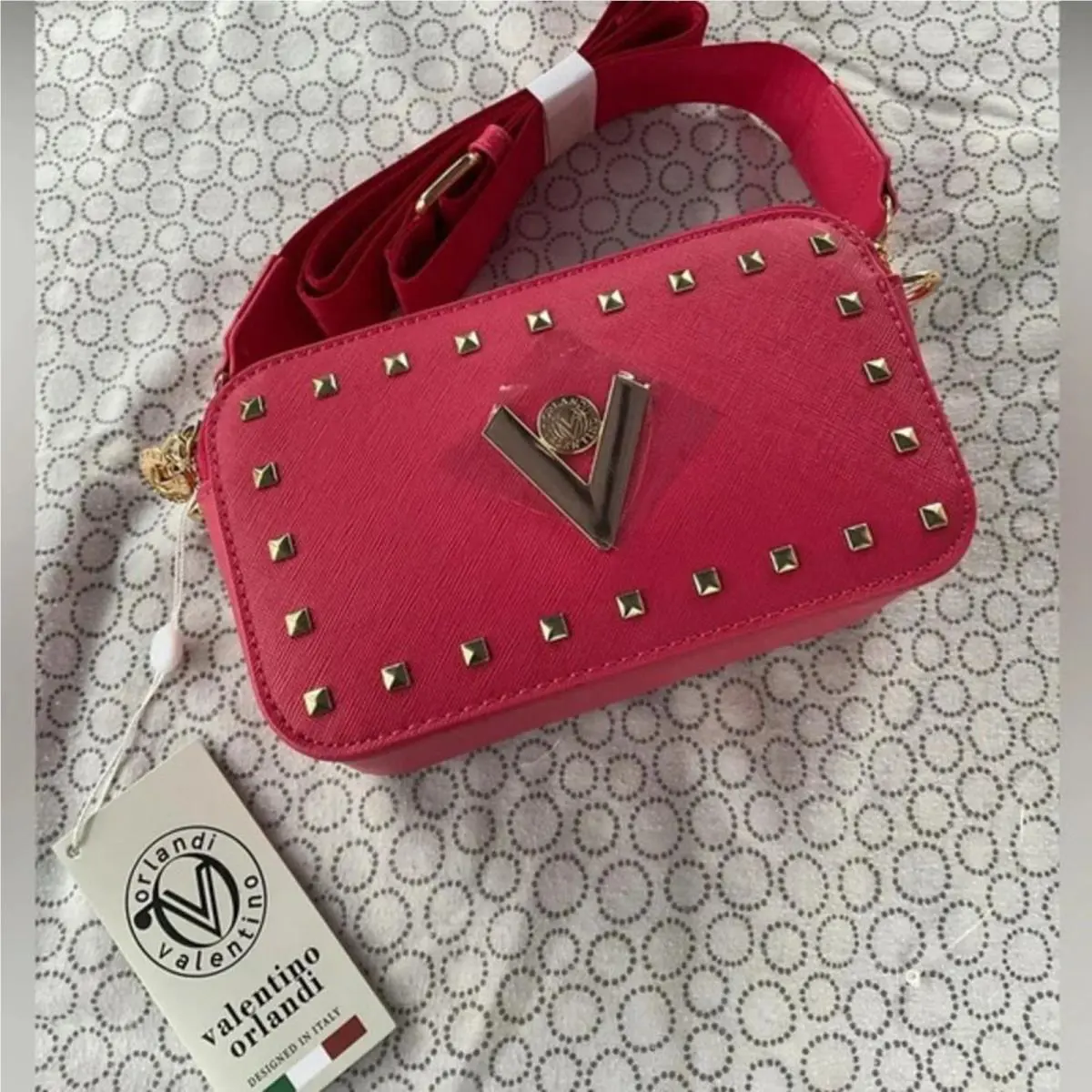 Valentino Orlandi Pink Studded Crossbody Camera Bag Hot Pink W/ Gold Accents
