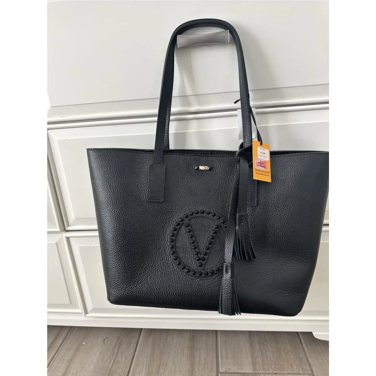 Valentino By Mario Valentino Black Leather Soho Rock Logo Black Tote$1095