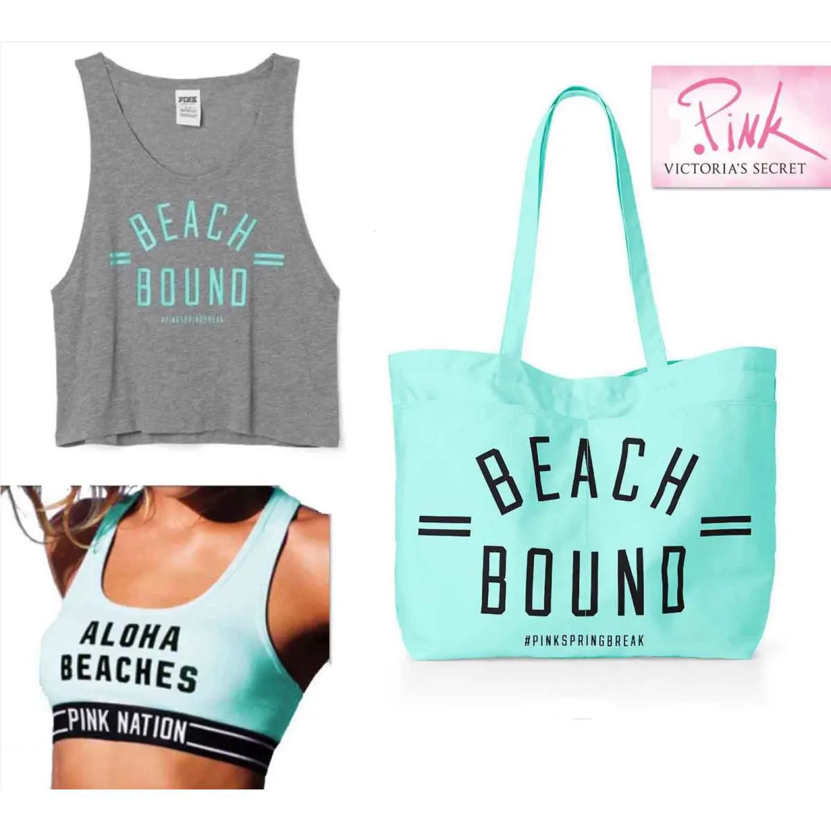 M Set 3 Pz Victoria`s Secret Tote Bag Bra Top Tank Top Mint Beach Bound
