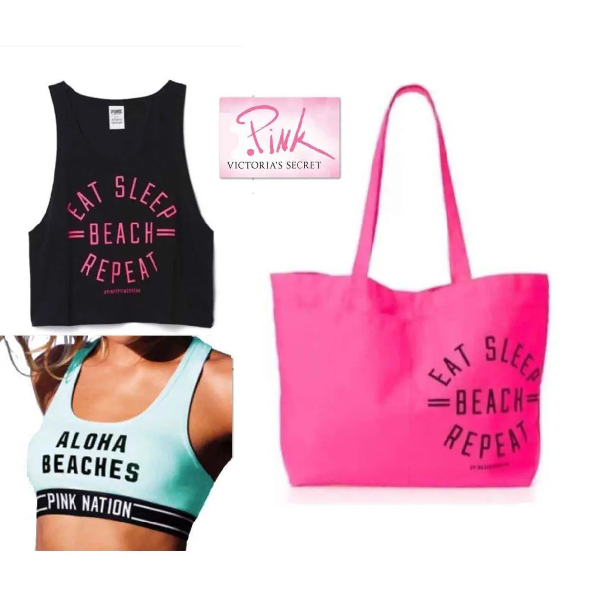 Sz M 3Pz Victoria`s Secret Tote Bag Bra Tank Top Pink Black Eat Sleep Beach