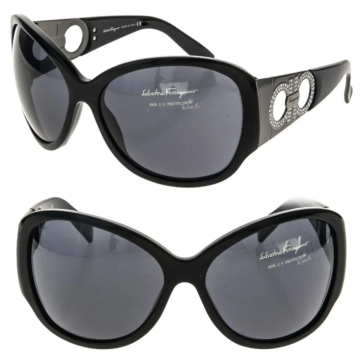 Salvatore SF2143B Ferragamo Black Gunmetal Crystal Logo Butterfly Sunglass 2143
