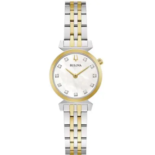 Bulova 98P202 Diamond Regatta Women`s Quartz Watch 24 MM - Dial: Mother of Pearl White, Band: Multicolor, Bezel: Gold
