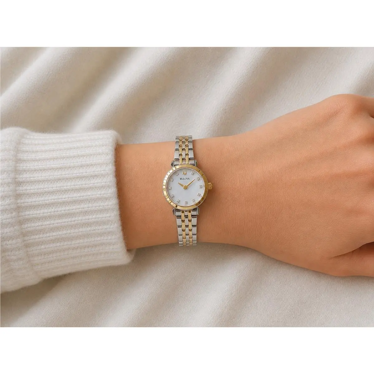 Bulova Women`s Classic Quartz Diamond Regatta Silver Watch 24 MM 98P202 - Dial: White, Band: Multicolor, Bezel: Yellow