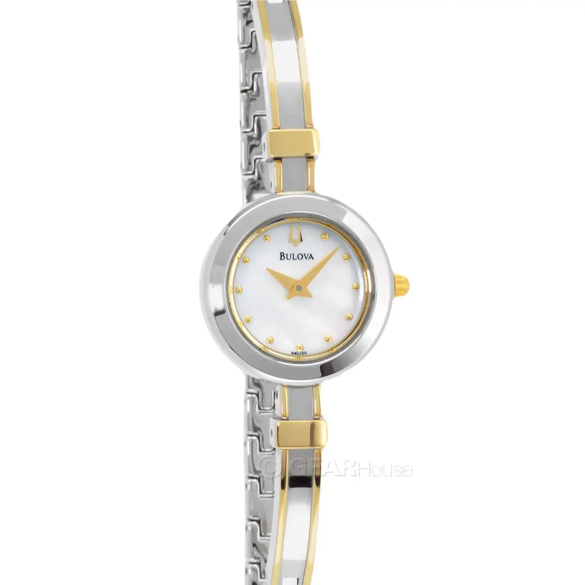 Bulova Womens Half-bangle Watch White Mop Dial Two-tone Gold Silver Band