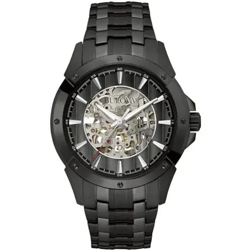 Bulova 98A147 Automatic 21 Jewels Skeleton Dial Black Stainless St. Men`s Watch