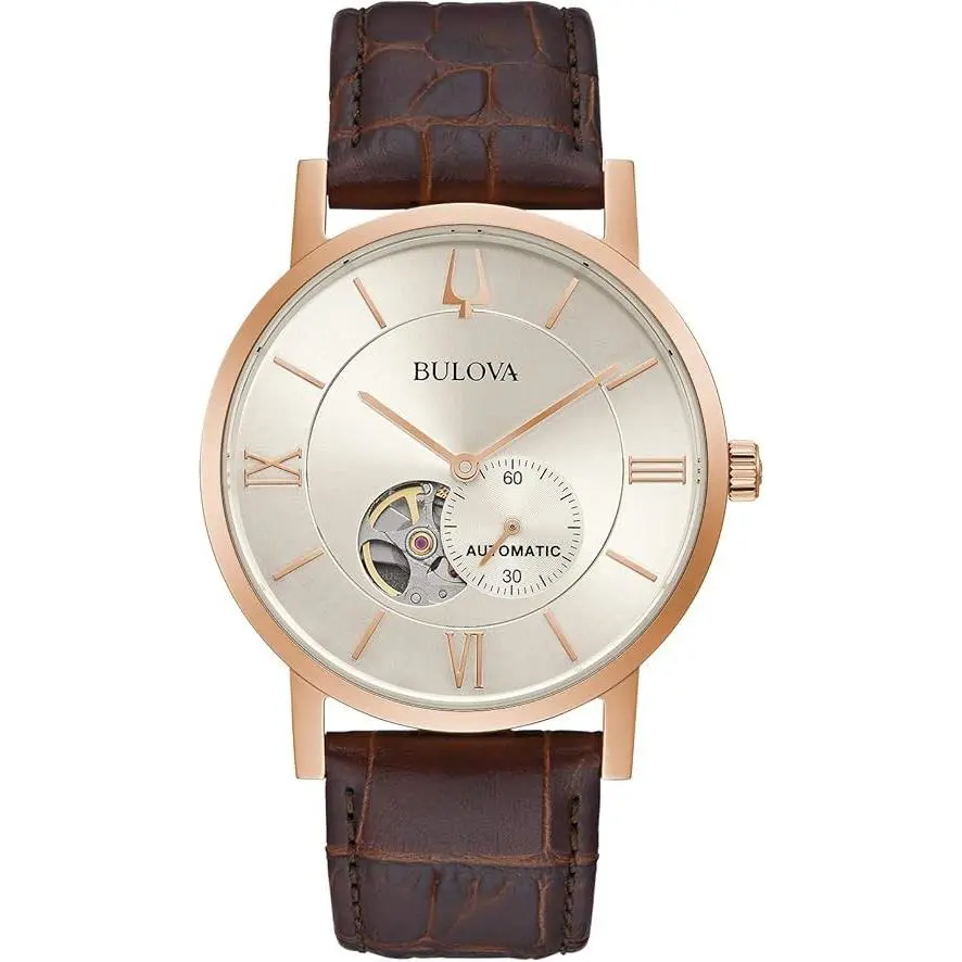 Bulova Brown Leather Strap Automatic Men`s Watch 97A150