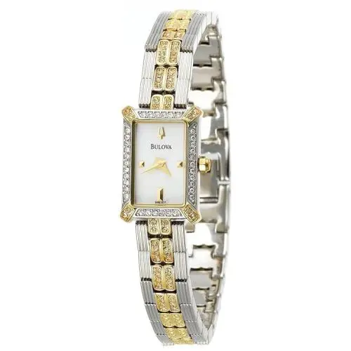 Bulova 98L107 Rectangular Gold Silver Tone Crystal Accented Ladies Watch