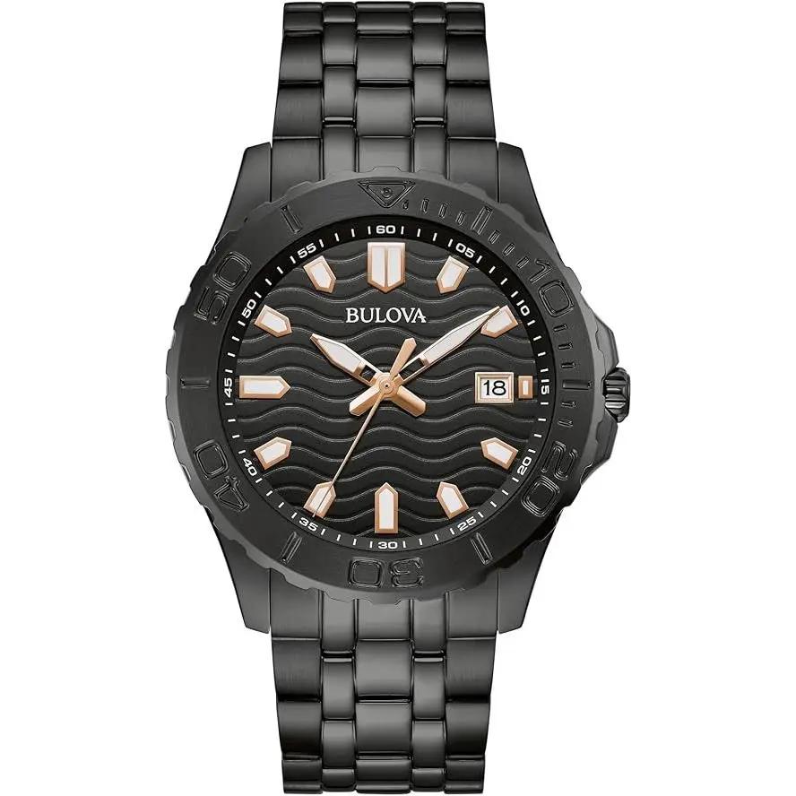 Bulova Classic Sport Stainless Steel Mens Watch - Hand: Rose Gold, Strap: Black