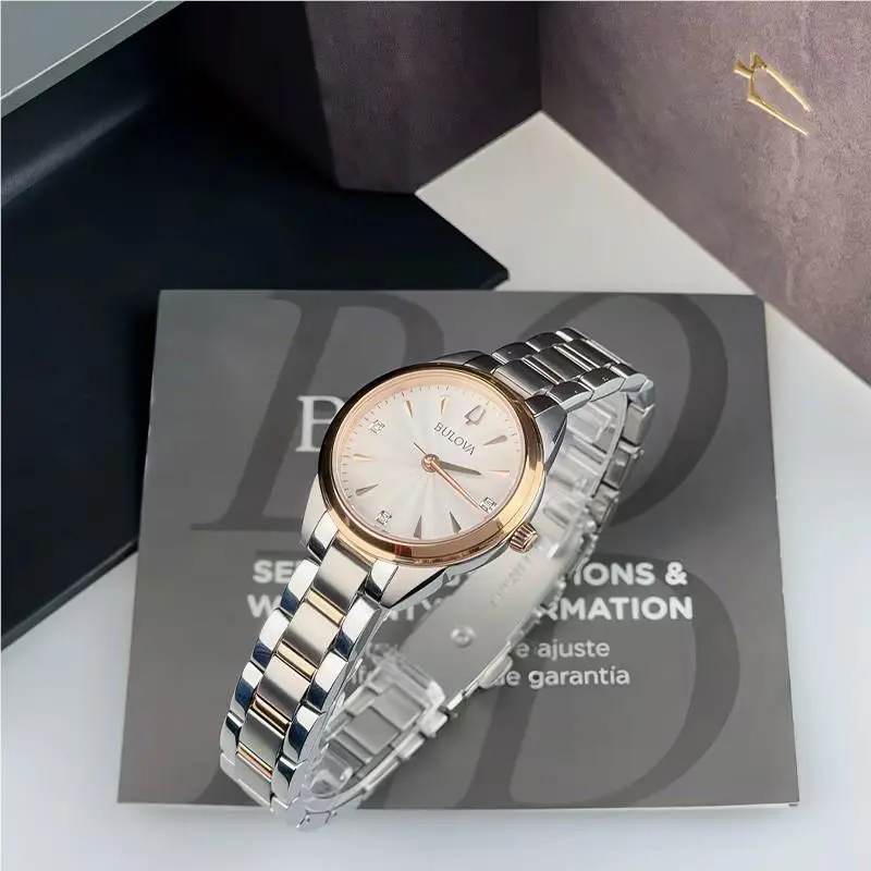 Bulova Sutton 98P200 Quartz Women`s Watch White Diamonds Dial Rose Band 28mm