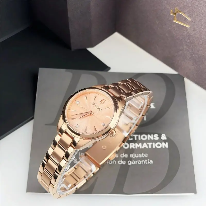 Bulova Sutton 97P151 Diamond Rose Gold Dial Stainless Women`s Quartz Watch 28mm