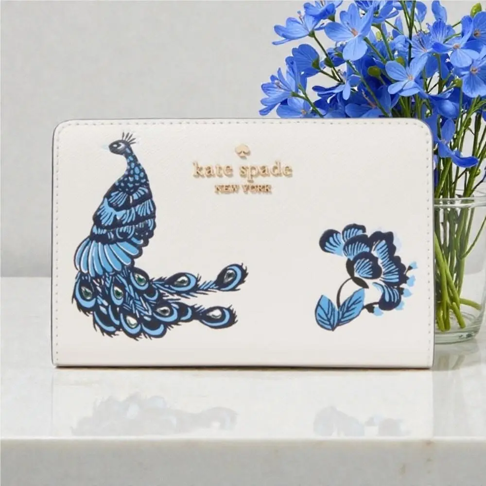 Kate Spade Perfect Plume Medium Peacock Leather Wallet White Blue KH797