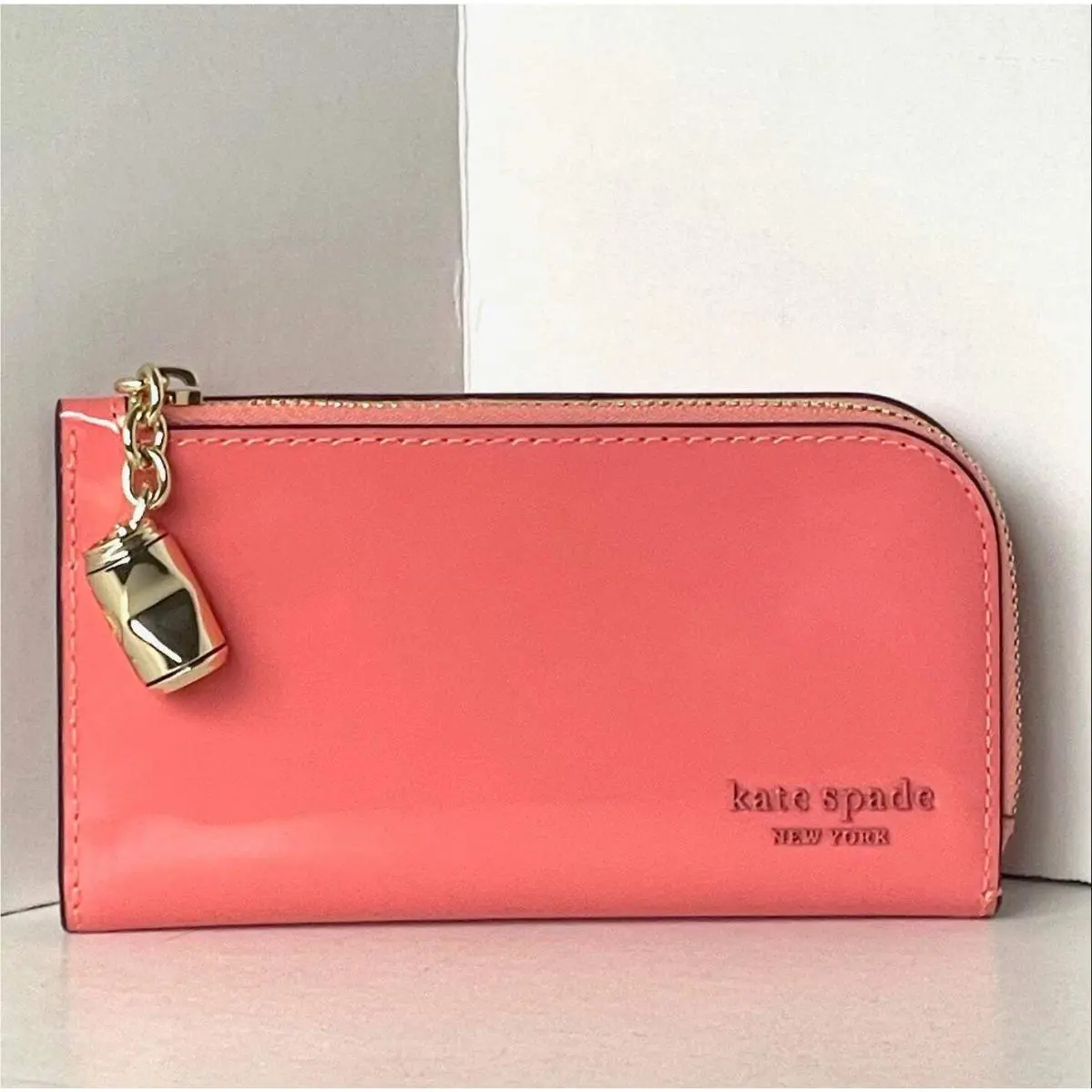 Kate Spade Devin Small Bifold Wallet Pink Moon Patent Leather Zip