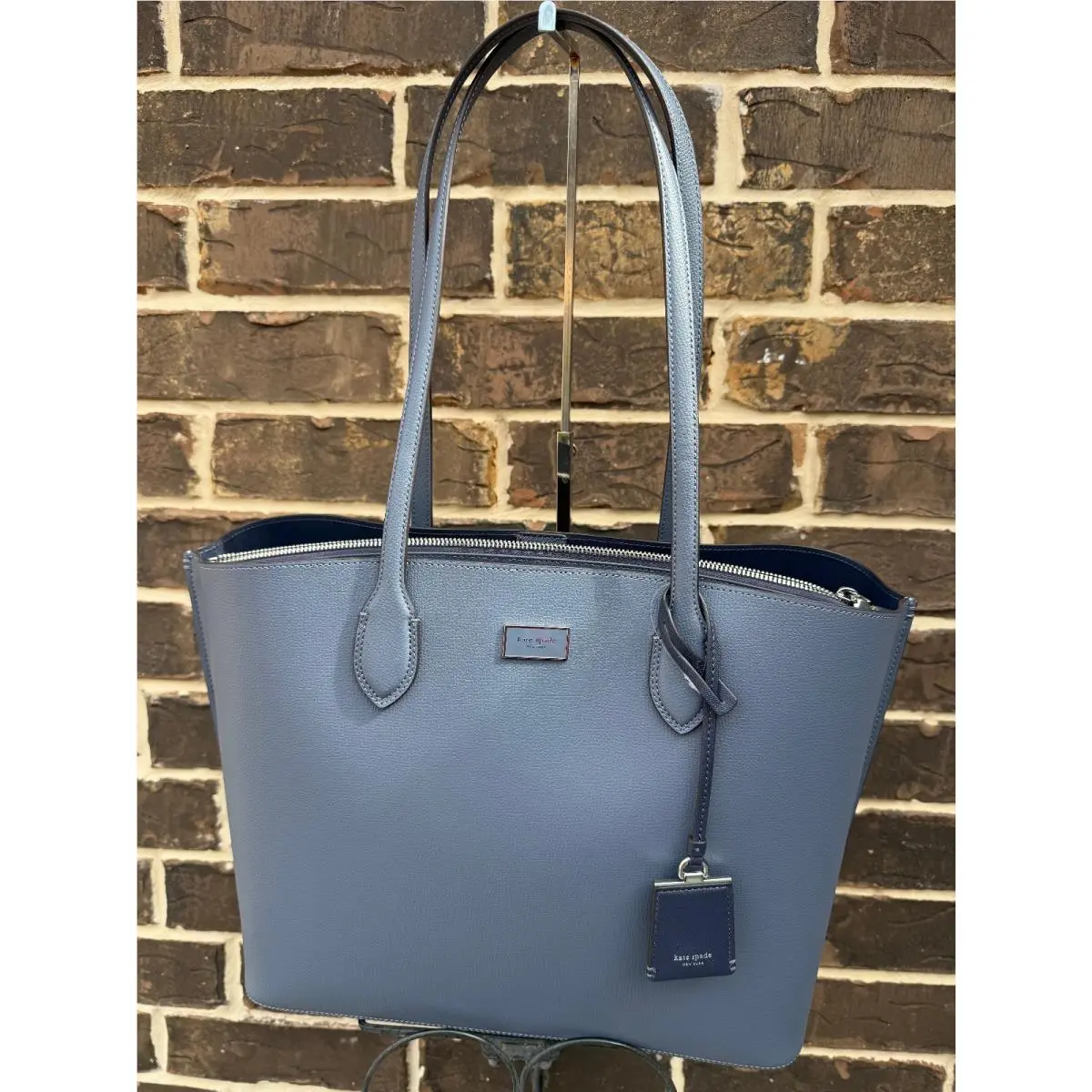 Kate Spade NY Suite Large Work Tote Cinder Grey Blue Leather Laptop
