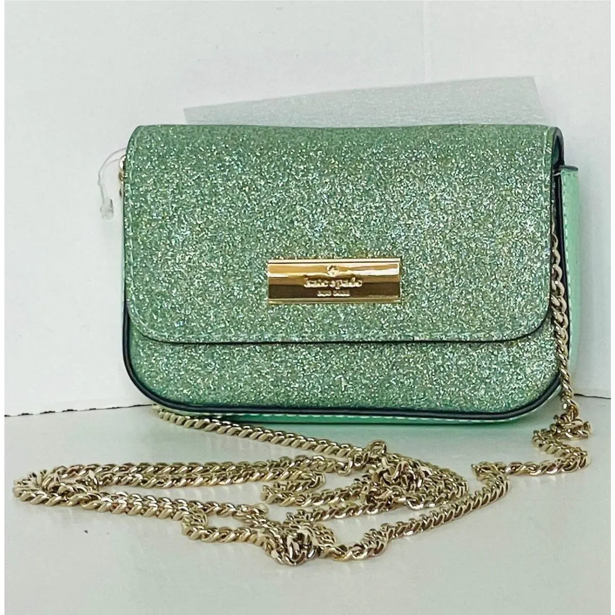 Kate Spade Kenzie Glitter Card Case Crossbody Seawater Green