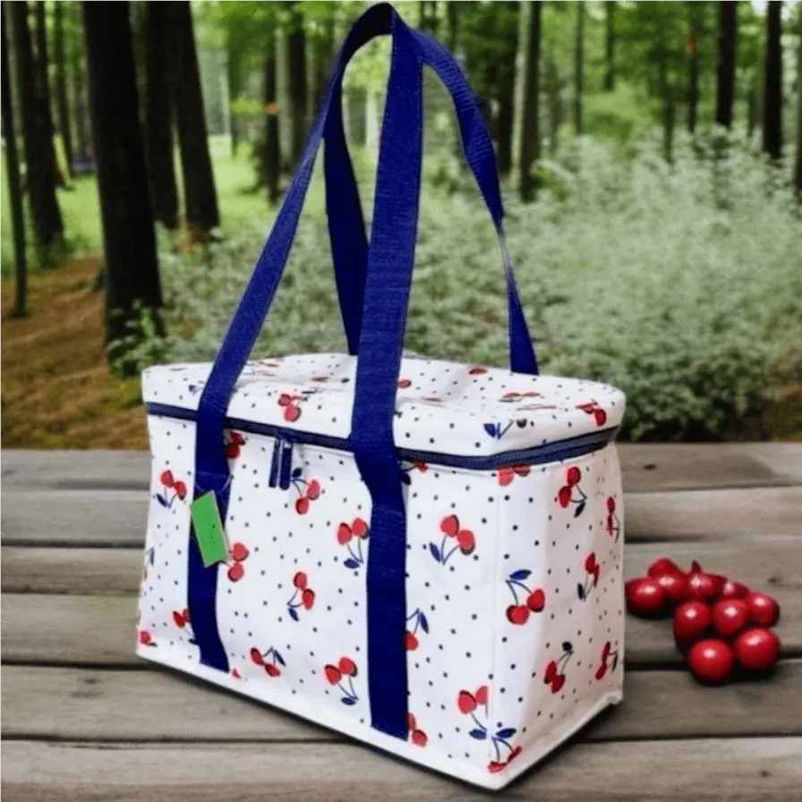 Gorgeous Kate Spade White Blue Red Cherries Print Large Insulated Cooler Bag