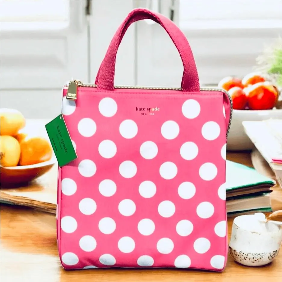 Kate Spade Gorgeous Pink White Polka Dots Insulated Lunch Zip Tote Hand Bag
