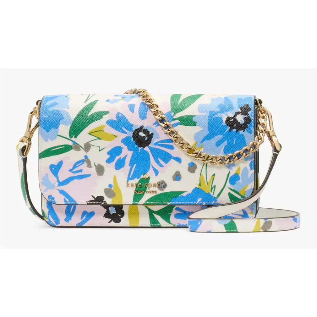 Kate Spade Madison Flap Crossbody Bag Cream Floral Chain Purse KK939
