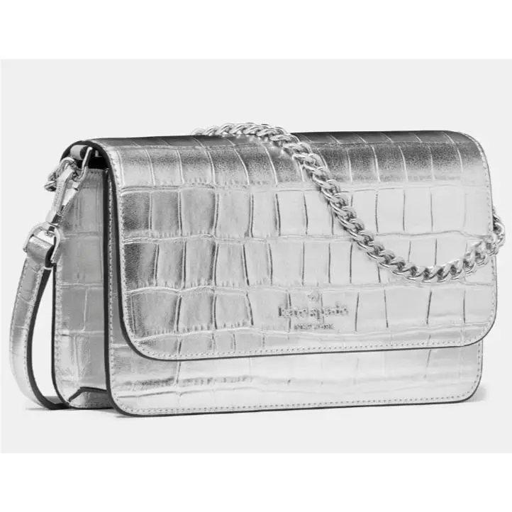 Kate Spade Madison Croc Embossed Silver Leather Flap Crossbody KN222