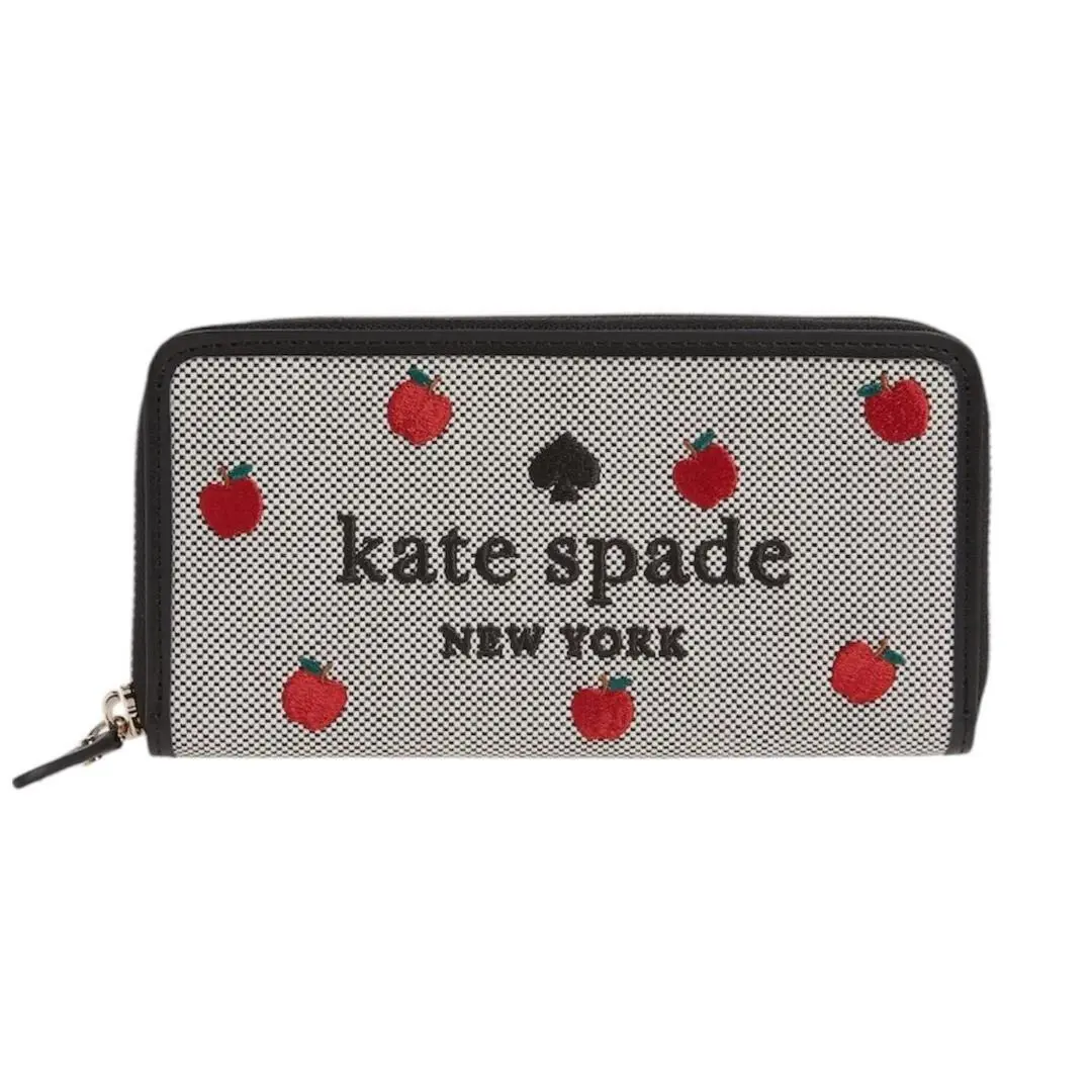 Kate Spade Womens Black Red Apple Embroidered Large Zip Continental Wallet New