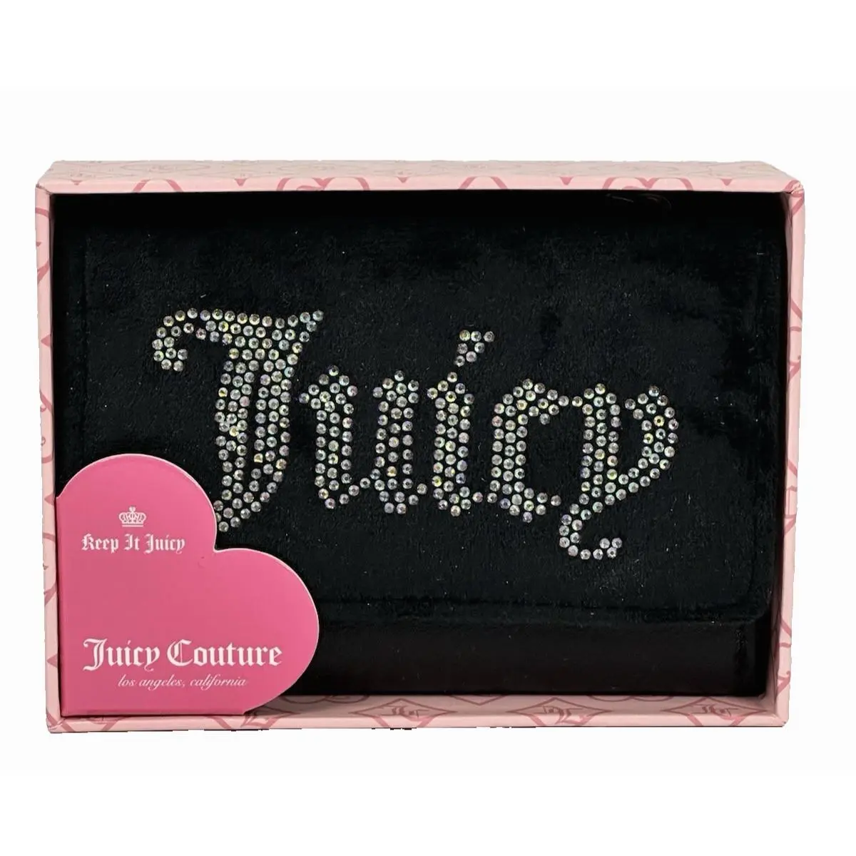 Juicy Couture Black Rhinestone Logo Trifold Wallet Leather Gift Box