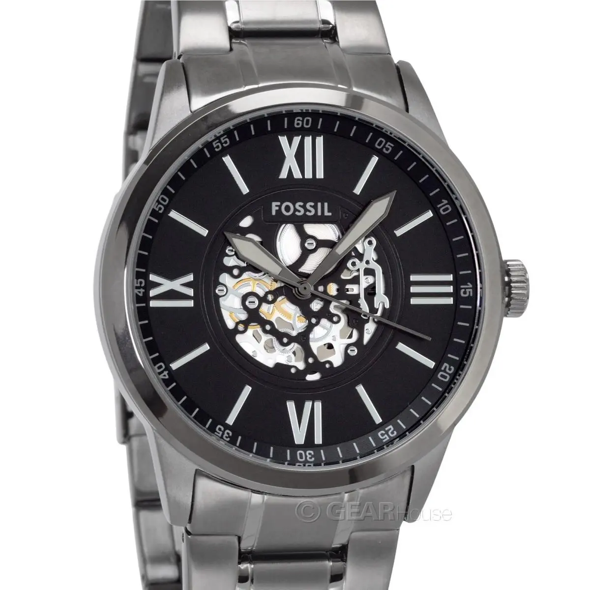 Fossil Flynn Mens Watch Large Black Silver Dial Gray Stainless Steel Band