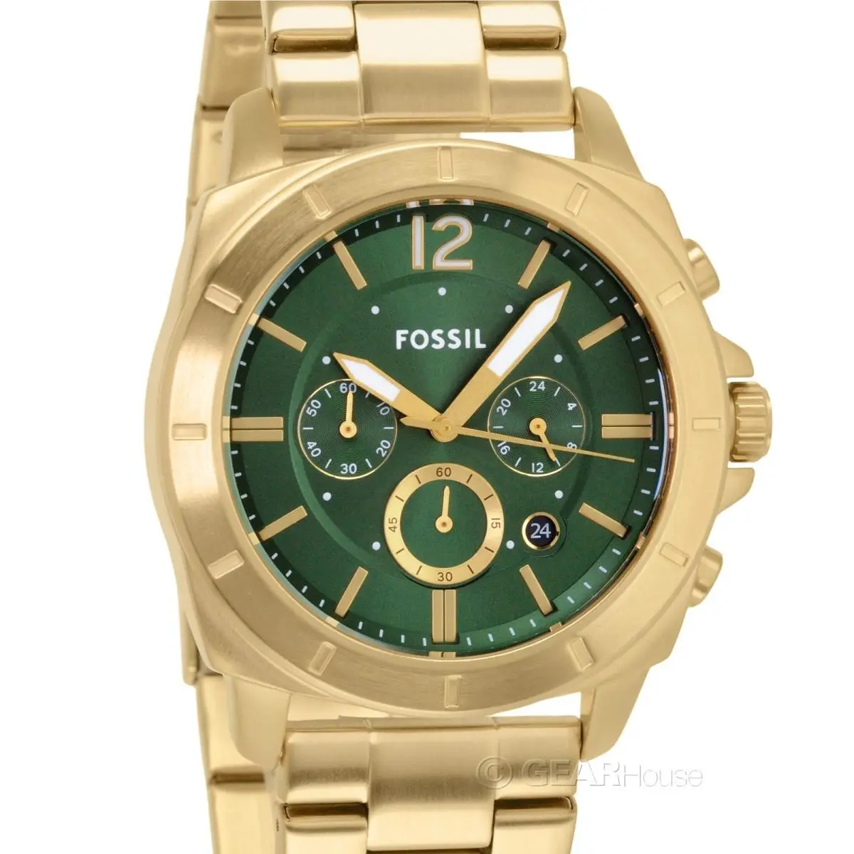 Fossil Privateer Mens Chronograph Watch Green Dial Gold Stainless Steel Band