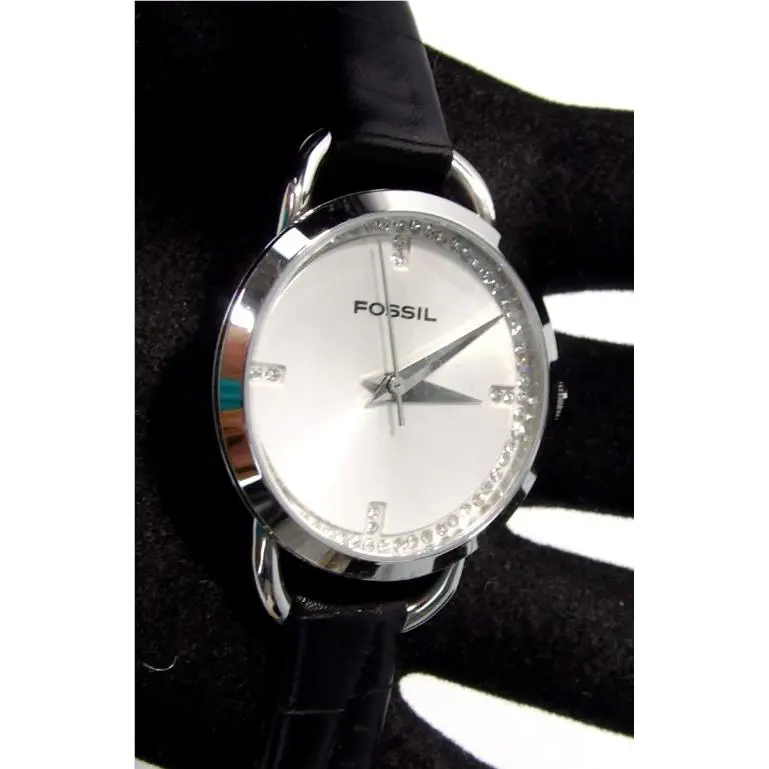 Fossil ES1272 Women`s Black Leather Croc Silver Crystal Dial Quartz Watch