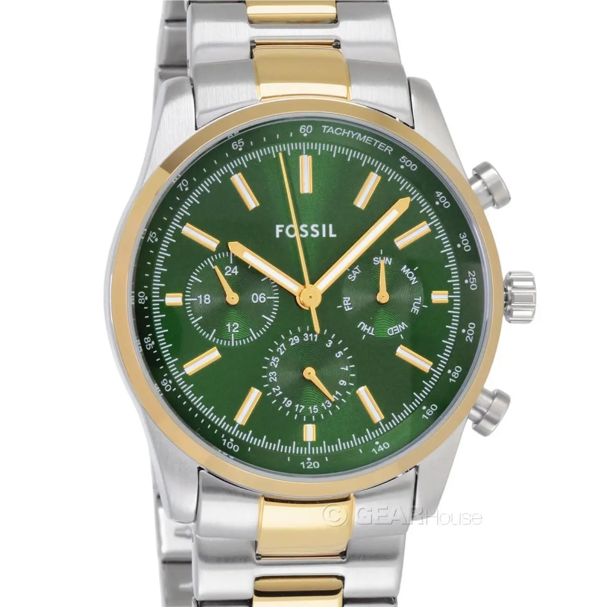 Fossil Sullivan Mens Two-tone Multifunction Watch Gold Silver Green Steel Band