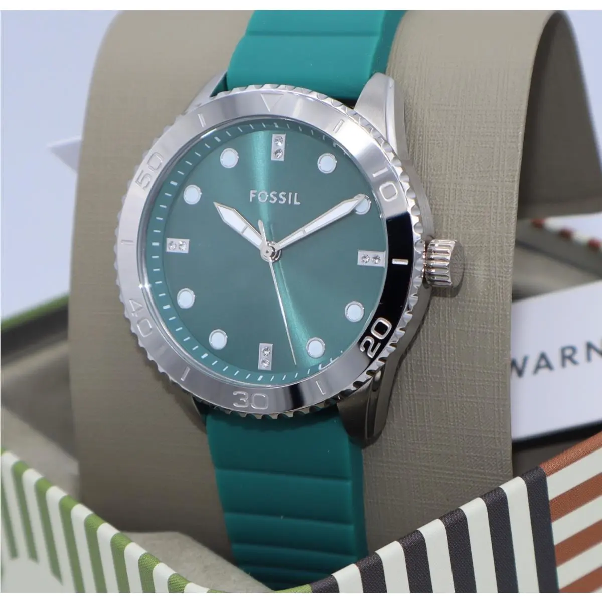 Fossil Dayle Silver Teal Green Silicone Crystal Women BQ5006 Watch