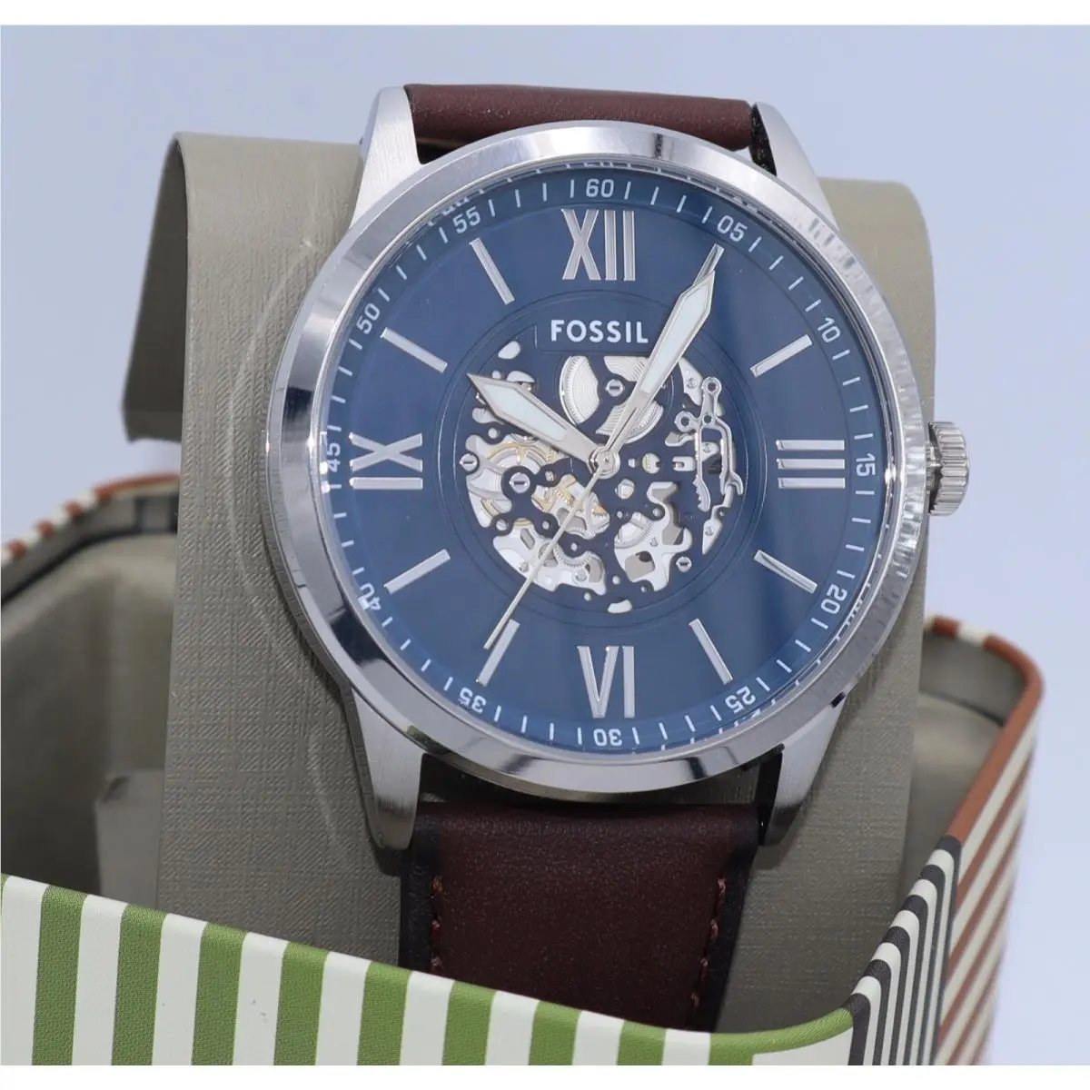 Fossil Flynn Silver Blue Brown Leather Skeleton BQM7128 Mens Watch