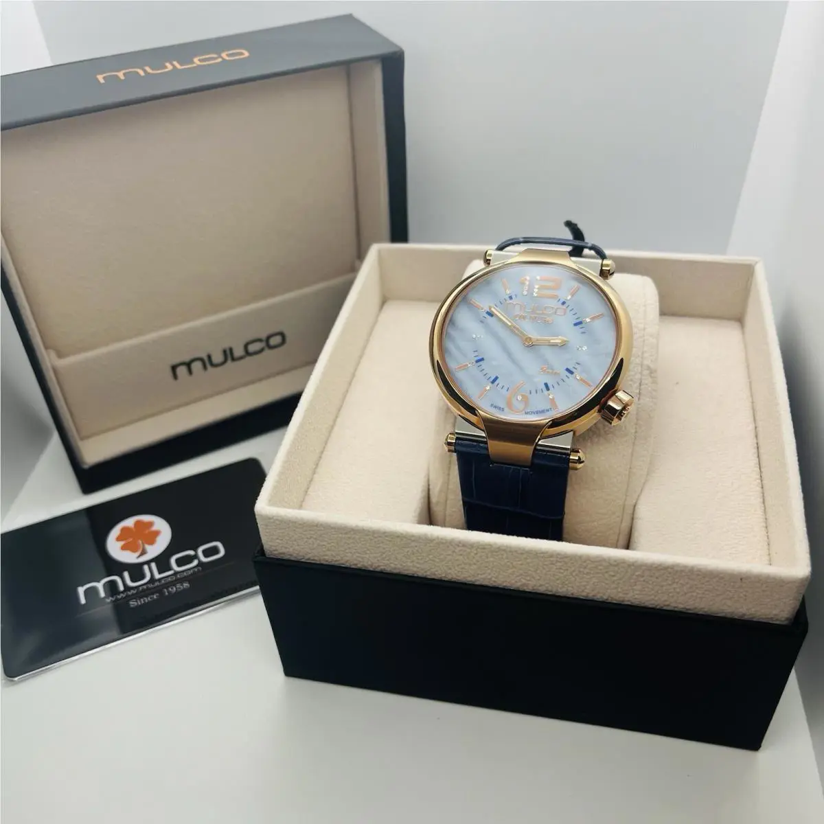 Couture Unisex Blue Dial 45mm Rose Gold Swiss Leather Watch MW5-3183-043 by Mulco