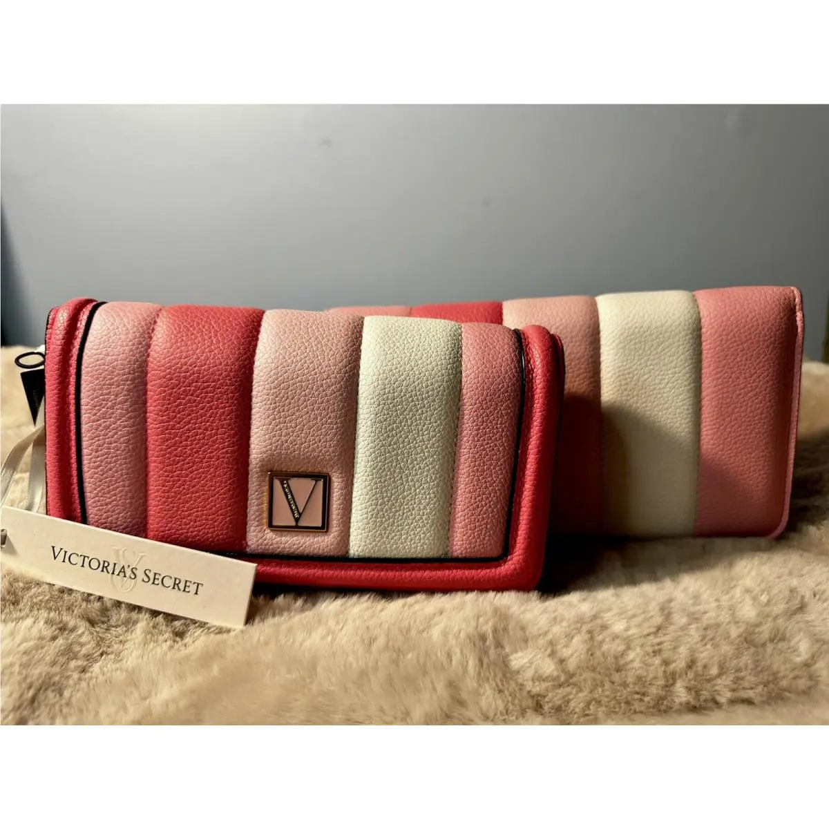 2 Victoria Secret Limited Edition Pink Multi Stripe Wallet/tech Clutch Wristlet