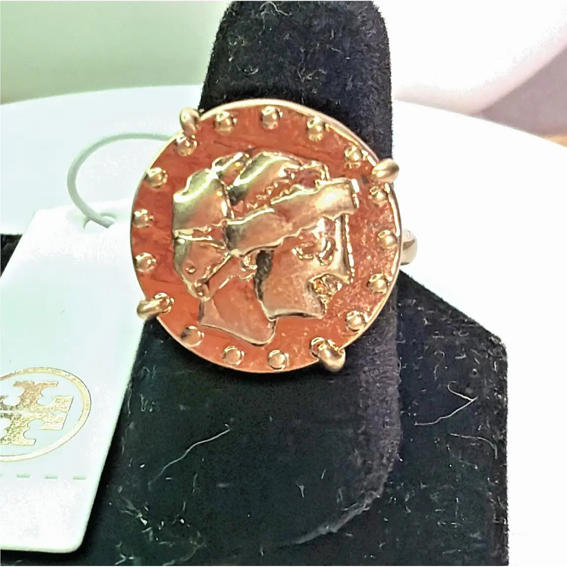 Tory Burch Ring Gold Coin Size 7 Cocktail Statement Jewelry w Tag Designer