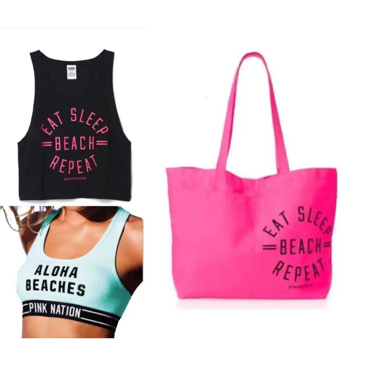 M 3Pz Victoria`s Secret Tote Bag Bra Tank Top Pink Black Eat Sleep Beach