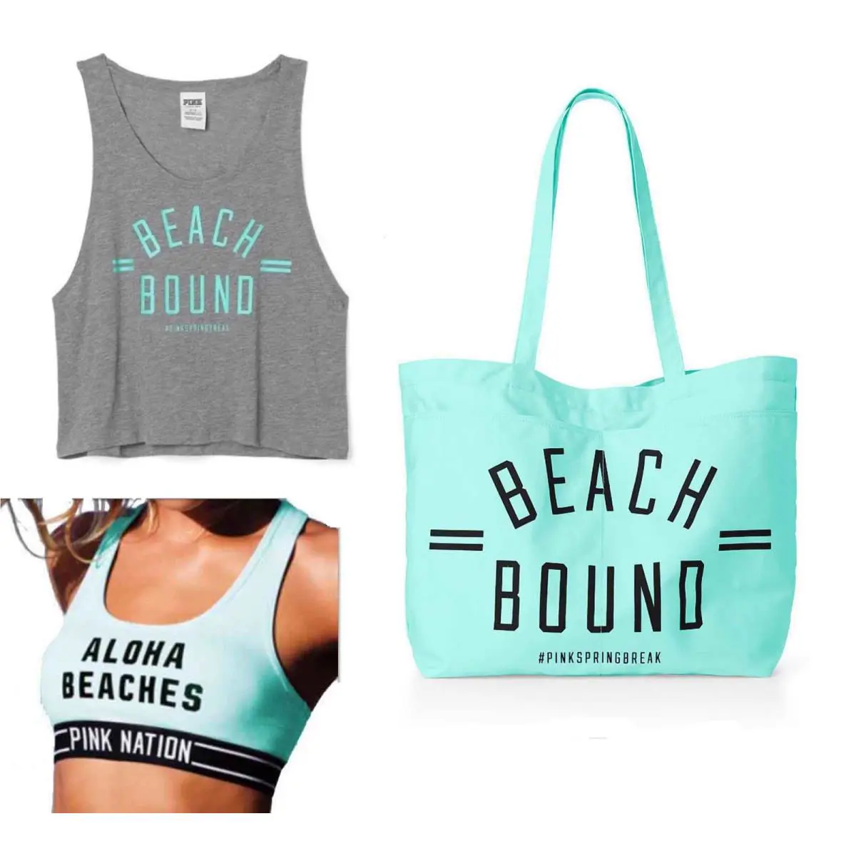 Sz M Set 3 Pz Victoria`s Secret Tote Bag Bra Top Tank Top Mint Beach Bound
