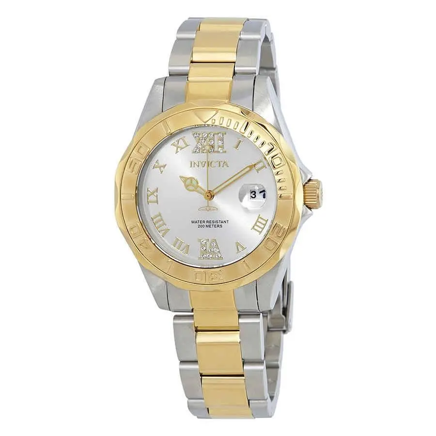 Invicta Pro Diver Silver Dial Ladies Watch 12852 - Dial: Silver, Band: Two-tone (Silver-tone and Yellow Gold-plated), Bezel: Silver-tone