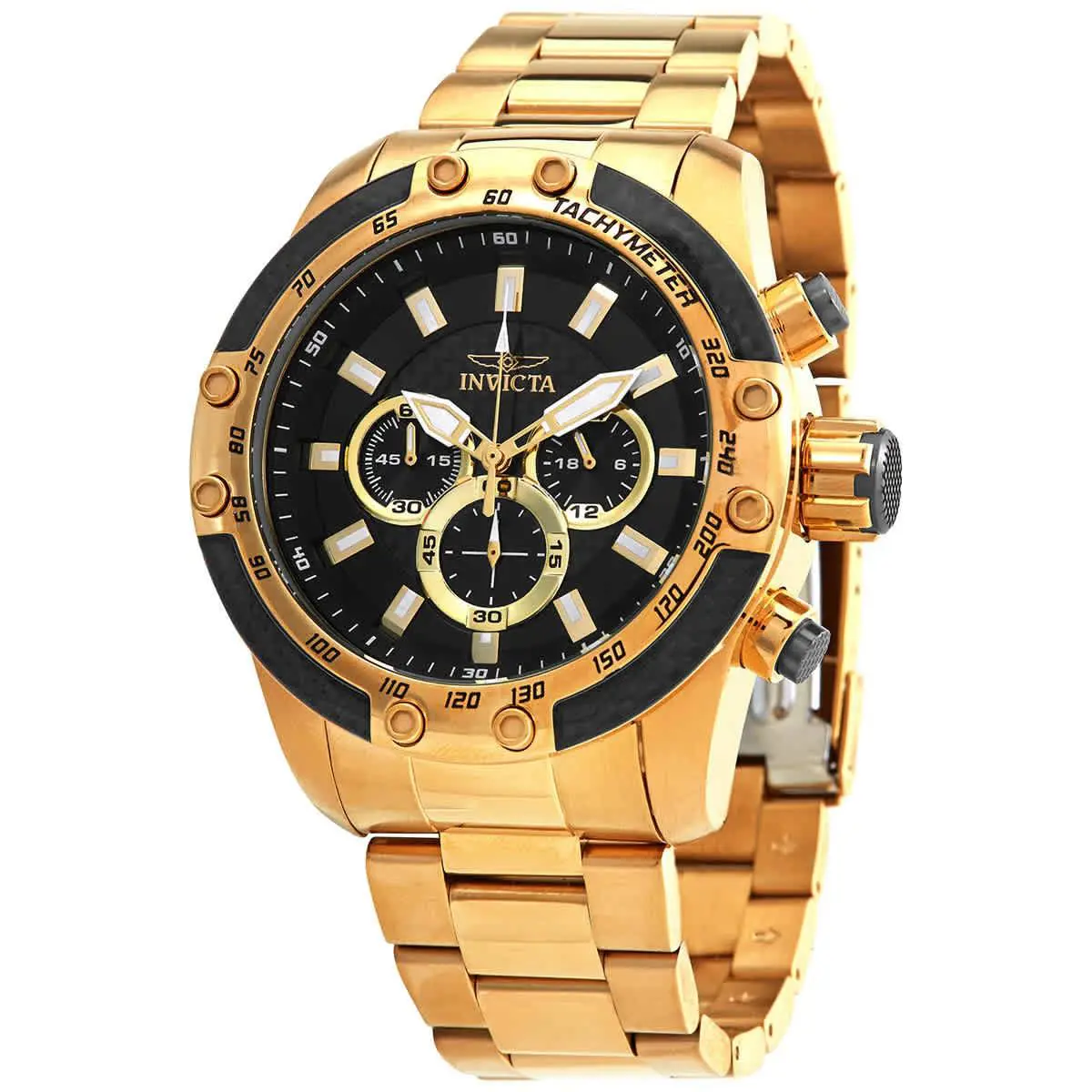 Invicta Men`s Watch Speedway Chronograph Black Dial Yellow Gold Bracelet 28658 - Dial: Black, Band: Yellow