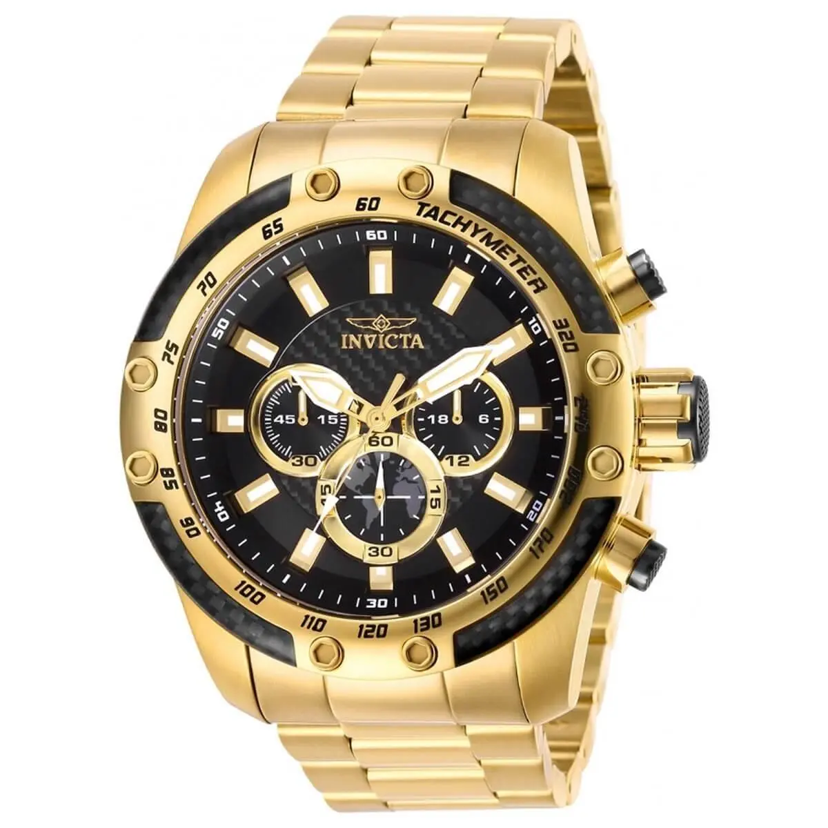 Invicta Men`s Watch Speedway Chronograph Black Dial Yellow Gold Bracelet 28658 - Dial: Black, Band: Yellow