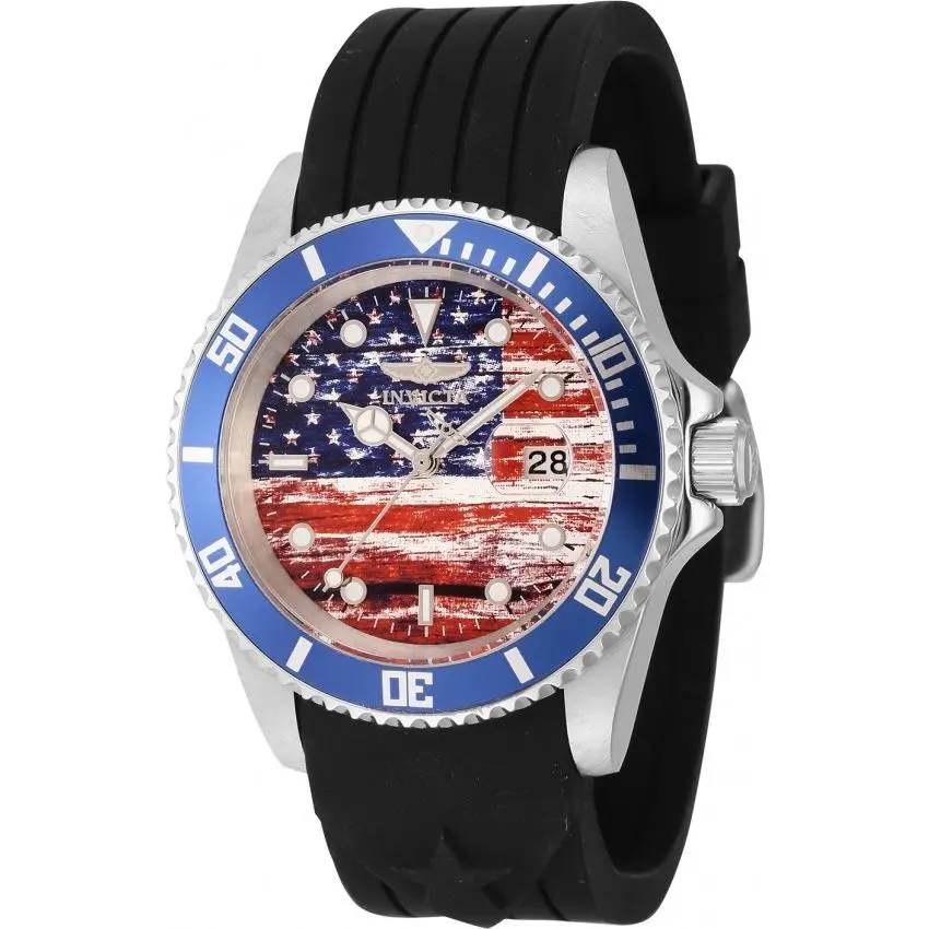 Invicta 45871 Pro Diver Men`s Usa Flag Analog Watch Black Silicone Strap