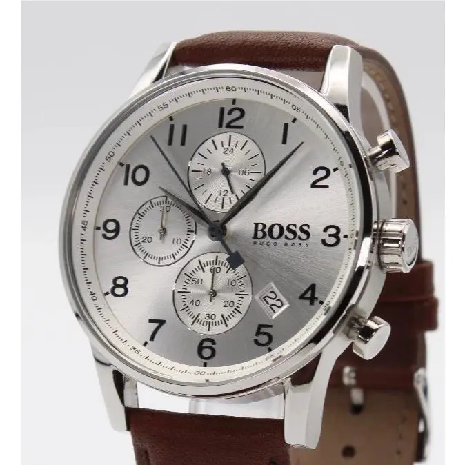 Hugo Boss HB1513495 Navigator Silver Dial Brown Leather Chrono Mens Watch