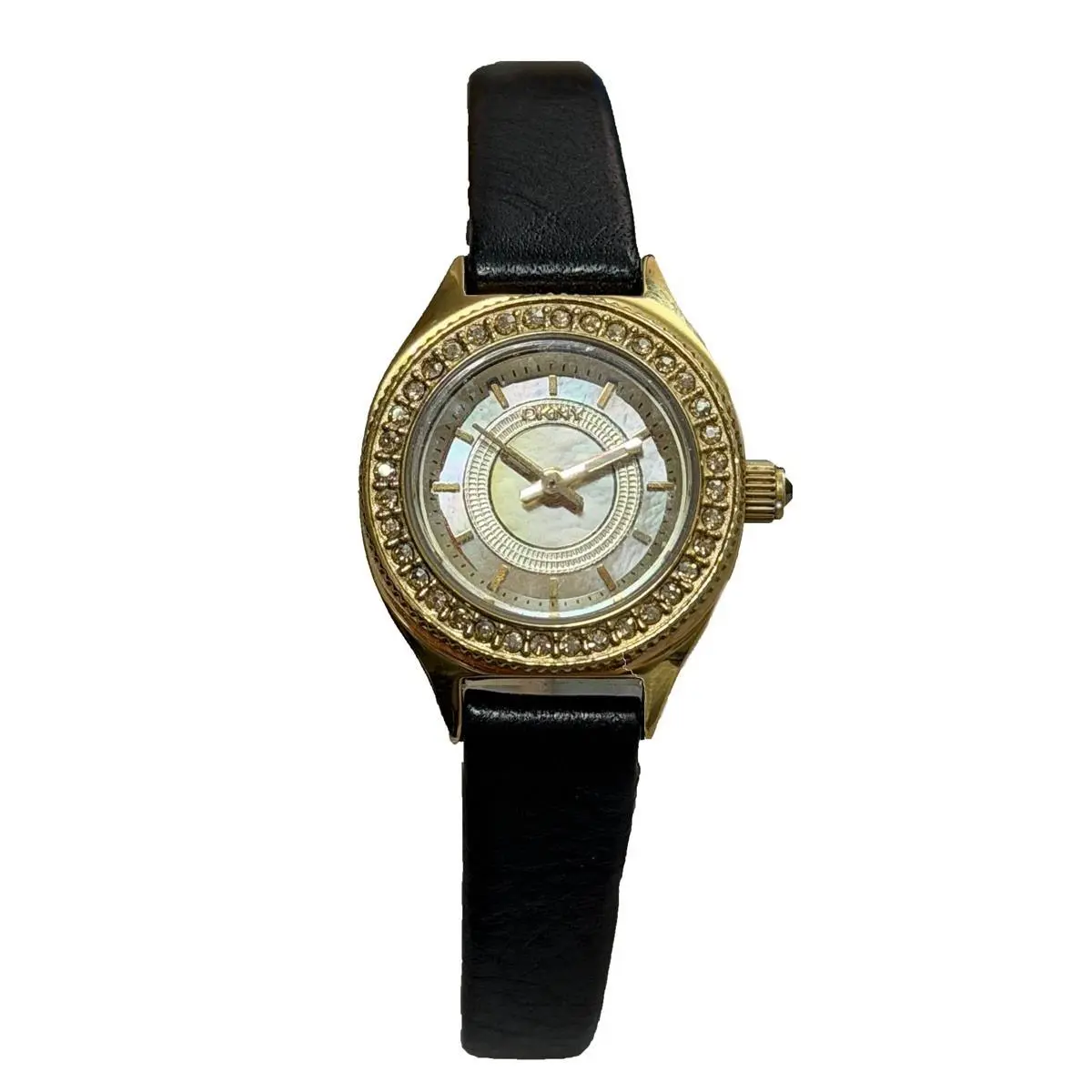 Women`s Dkny Gold Dial Black Leather Band Watch NY4398