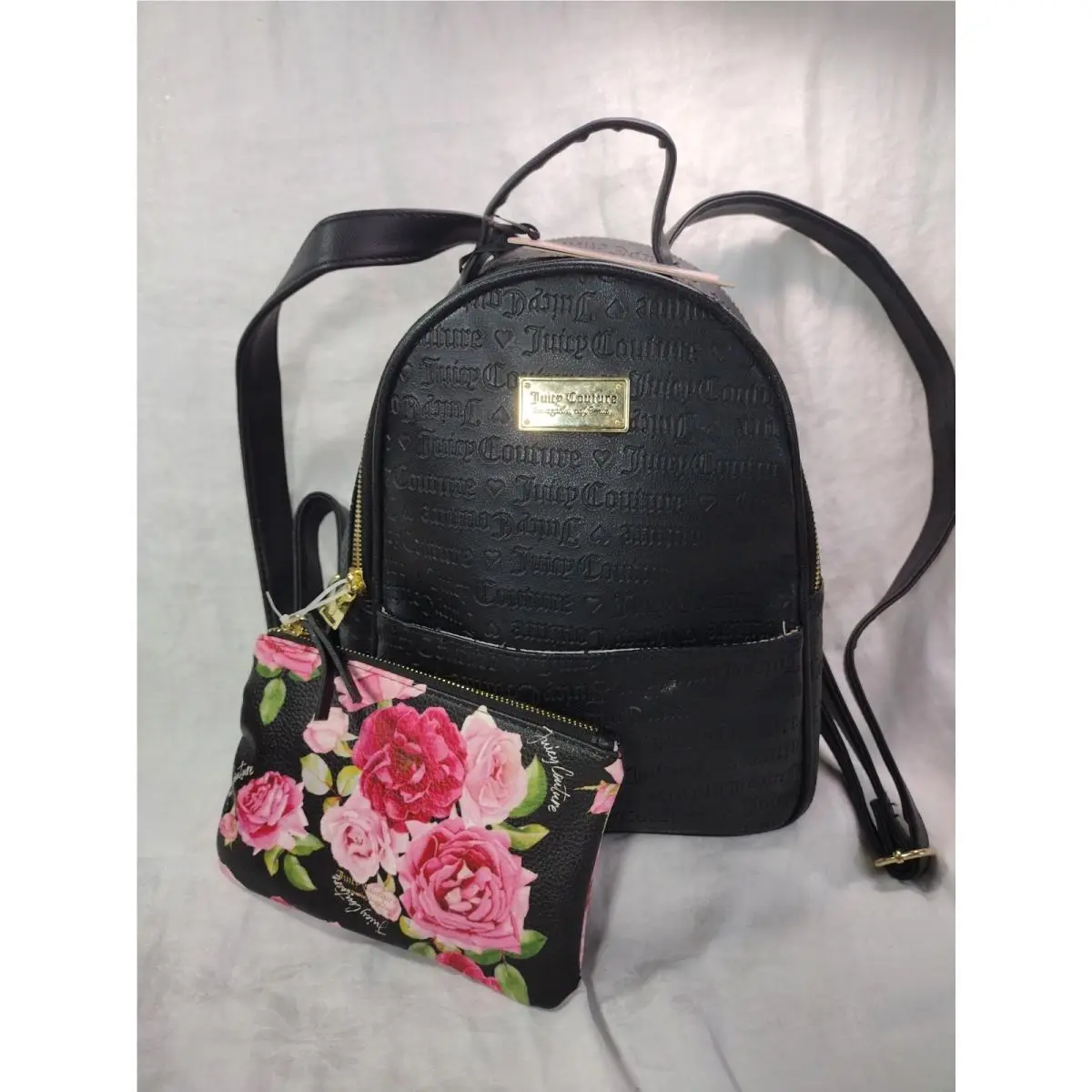 Juicy Couture Backpack and Cosmetic Pouch Black Logo Gold Hardware 12 x9