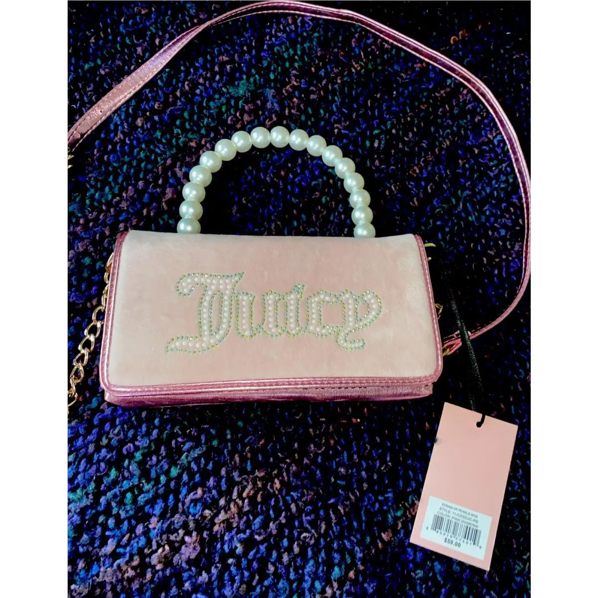 Juicy Couture String of Pearls Crossbody Mini Bag Flap Over Pink Diamond