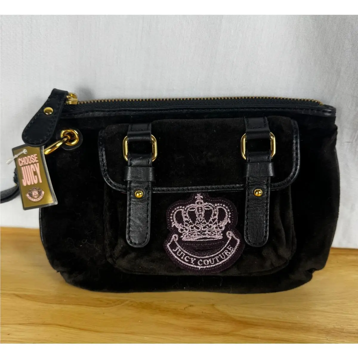 Juicy Couture Black Leather Coin Purse Card Wallet Keychain Y2K Vintage
