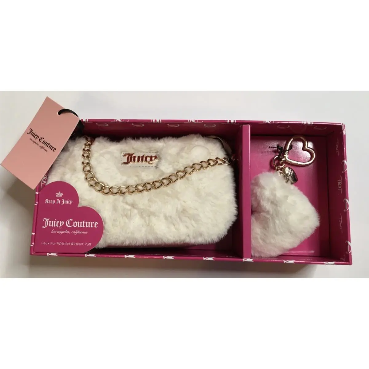 Juicy Couture Fur Ivory Wristlet Bag Heart Charm Keycha