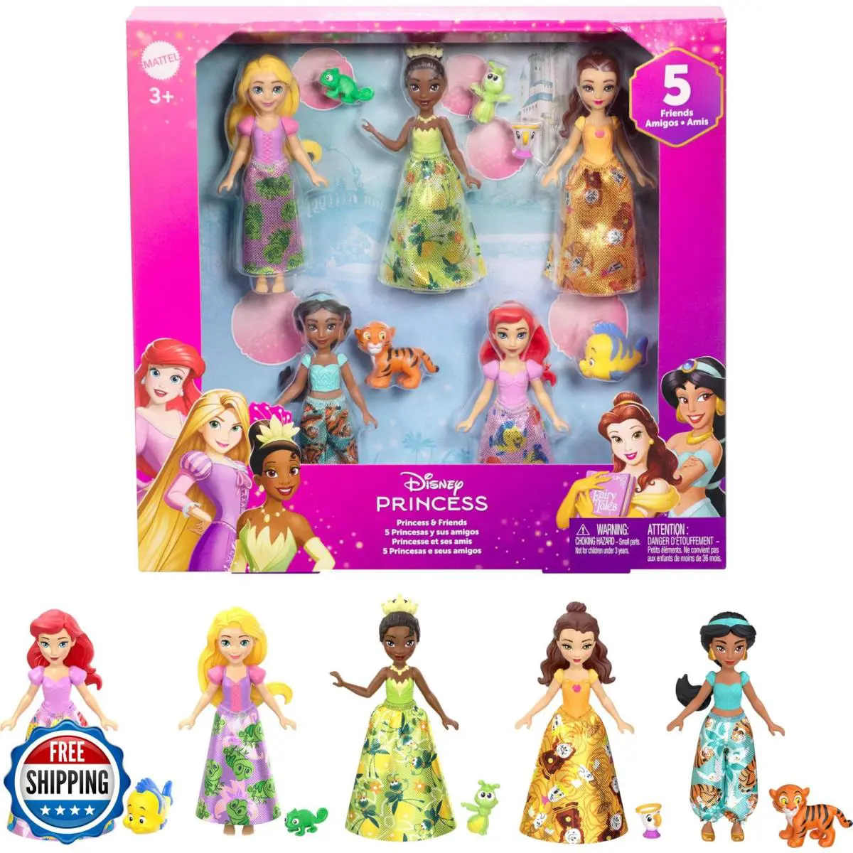Mattel Disney Princess and Friends Set with 5 Posable Small Dolls in Removabl