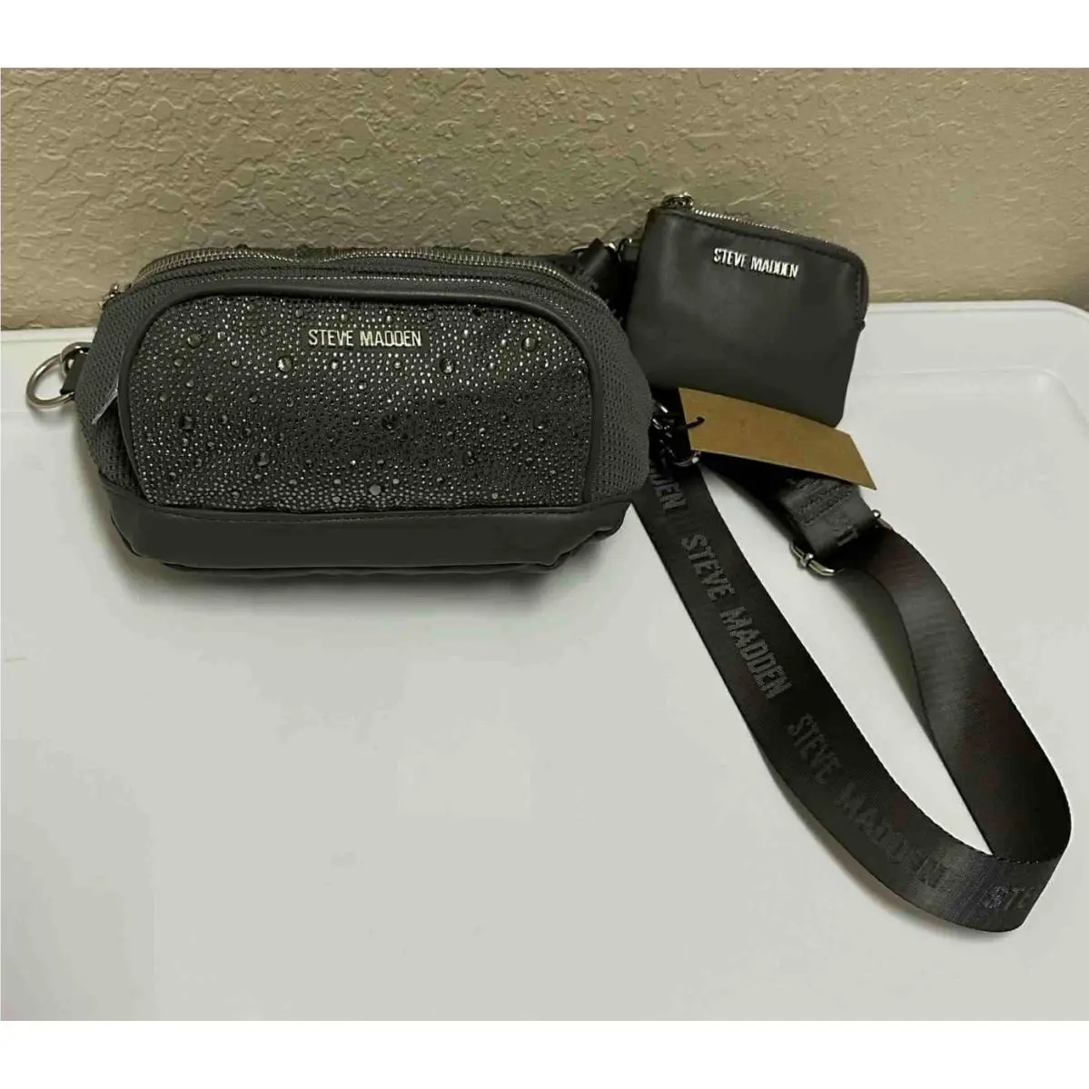 Steve Madden Bshimmer Crossbody Bag In Charcoal with Removable Wallet In Charcoa