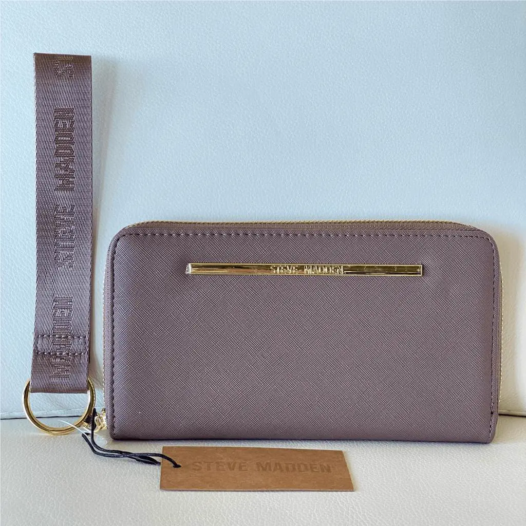 Gorgeous Steve Madden Bzipweb Tan Brown/gold Zip All Around Wallet Wristlet