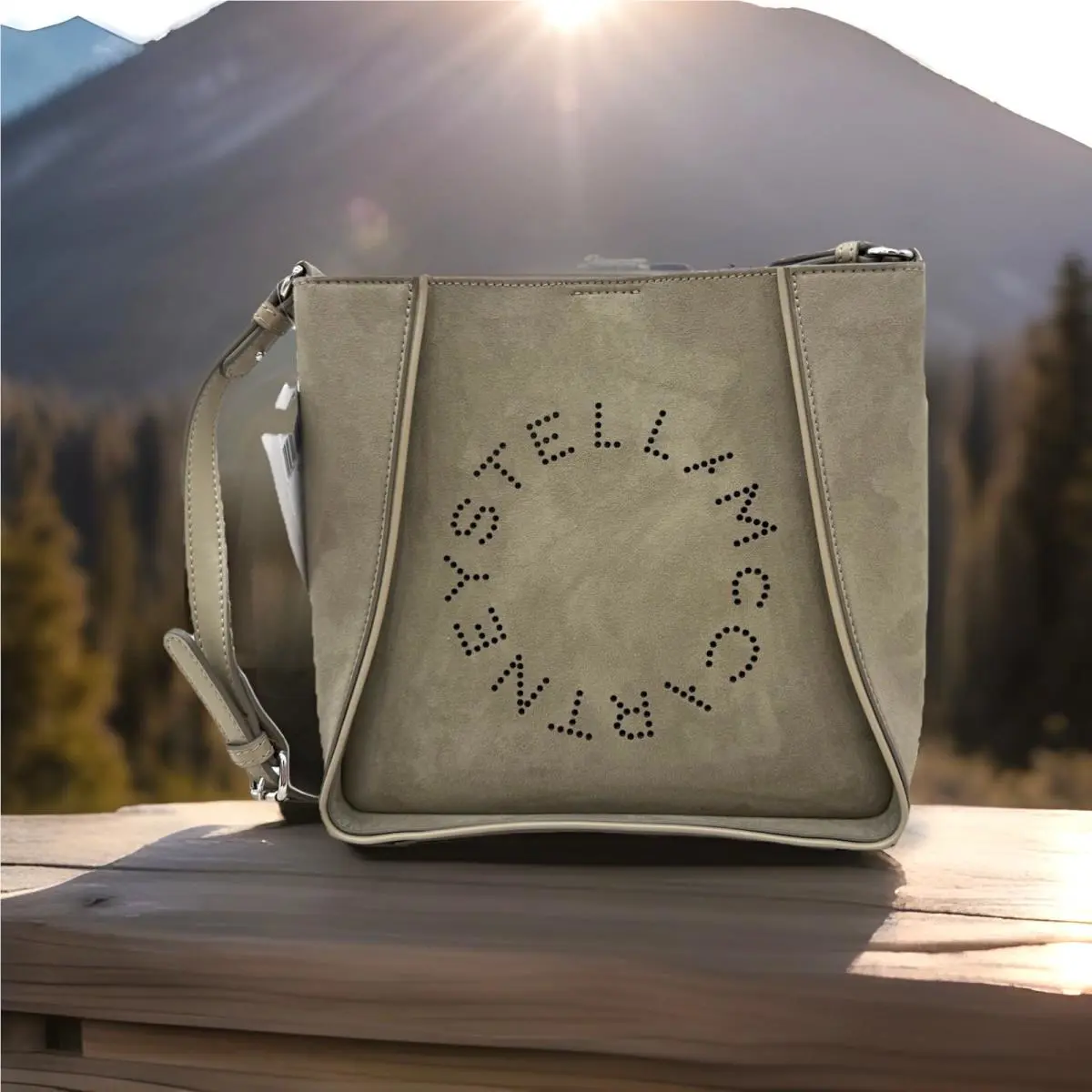 Stella Mccartney Perforated Logo Alter Napa Suede Leather Crossbody-khaki